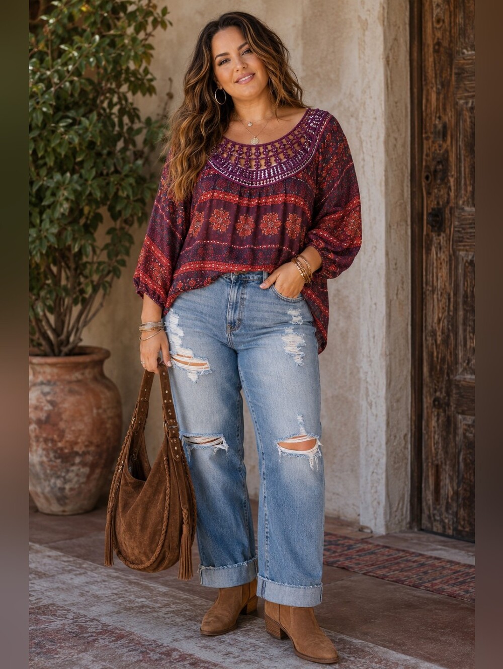 Eyeshadow Multicolor Boho Crochet Yoke Blouse - Burgundy & Purple 1x